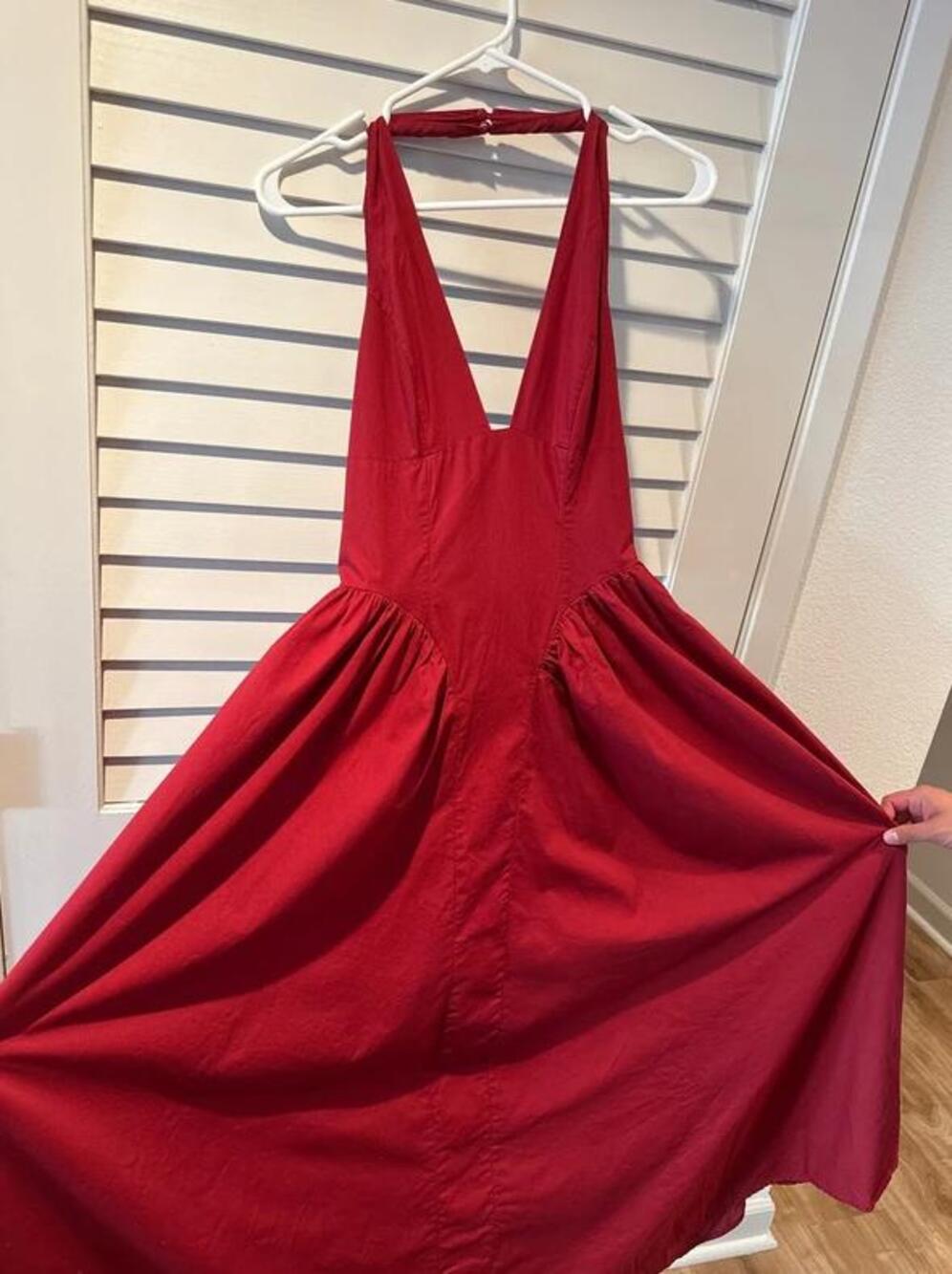 Elegant Deep Red Backless Halter Sundress with Full Skirt